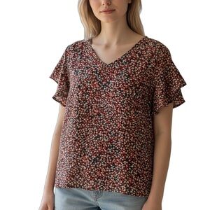 LOFT Women’s Floral V-Neck Blouse with Ruffle Sleeves size M